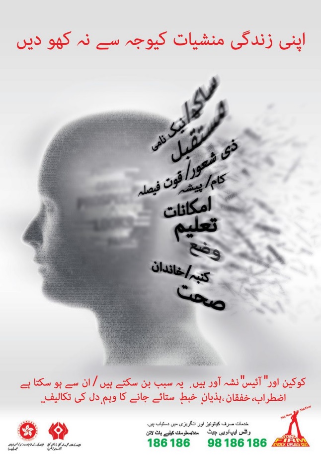 Anti-drug poster "Dont lose your life to drugs" - Urdu version